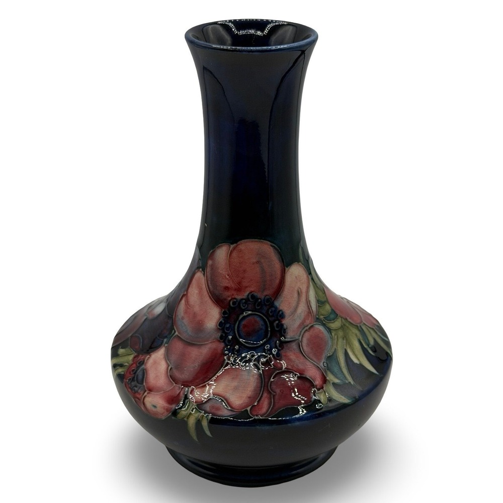 Vintage Moorcroft Anemone Vase Cobalt Blue Tube Lined Art Pottery England 1950